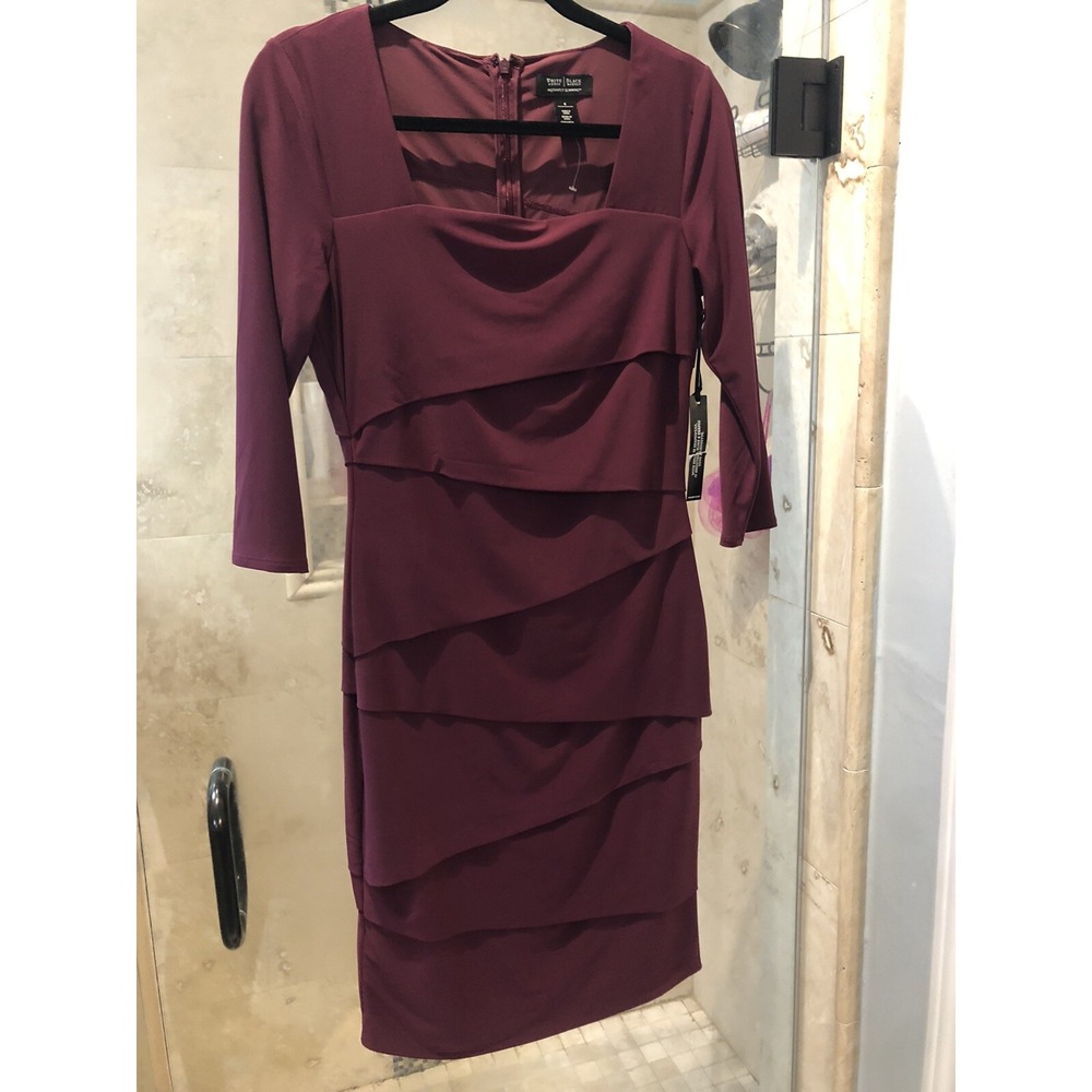 White House Black Market Slimming Dress 8 Wine Red 3/4 Sleeve Square Neck
